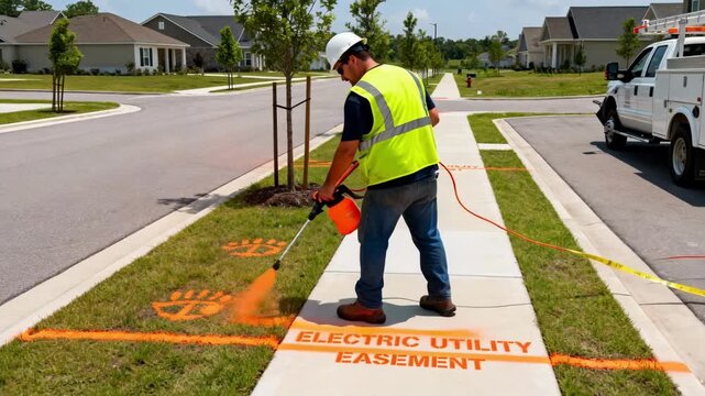 Medium shot of workers marking electric utility easement boundaries along a suburban street highlighting access for power line installation and maintenance.