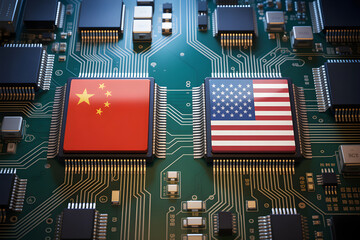 Us and china flags on computer microchips showing tech competition