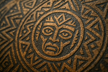 Naklejka premium Detailed tribal pattern with carved face on textured surface