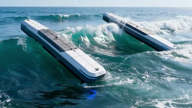 Medium shot of pontoons floating on rolling waves capturing kinetic energy from the sea for sustainable power generation in a calm marine setting.
