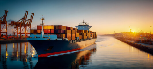 Cargo ship navigating through the harbor at sunset