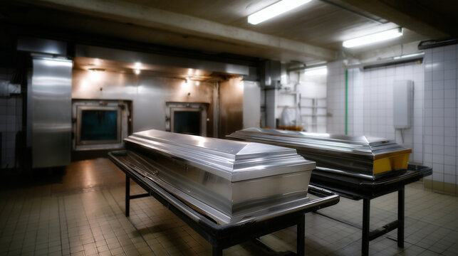 Industrial crematorium interior with two coffins positioned on metal rails before furnace openings, sterile tiled floor, stainless steel machinery, neutral lighting, quiet solemn a