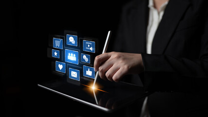 Icons representing social media interaction, communication, and engagement. Social media builds community, social media drives connection, and social media influences behavior. Latch