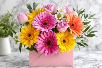 Colorful spring flower bouquet gifting pink envelope
