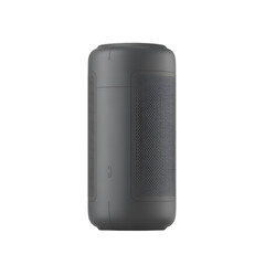 Obraz premium A modern dark grey cylindrical portable speaker on a solid black background