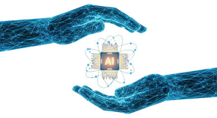 Digital wireframe hands protect bright AI chip core Artificial intelligence future tech machine learning neural networks