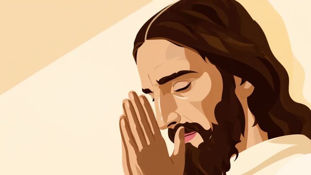 Jesus praying with serene expression and clasped hands in warm light