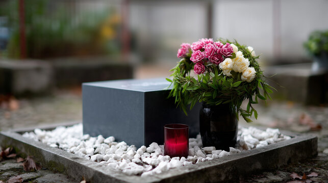A quiet cemetery scene featuring a minimalist grave memorial set outdoors. In the center stands a simple dark gravestone with clean geometric lines, placed on a rectangular bed fil