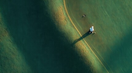 Man takes a golf shot while putting on the green at a golf course during the day with bright sunlight showing a well-maintained course