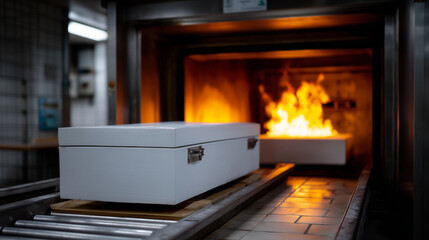 An industrial cremation chamber interior with a white coffin positioned on a metal conveyor platform entering an active cremation furnace. The furnace door is open, revealing inten