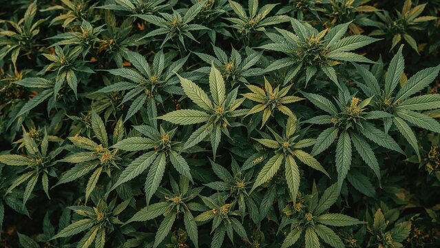 Dense cannabis plants with distinctive leaves, lush green foliage, and flowering buds.