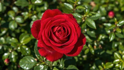 Fototapeta premium Red rose flower in full bloom with green leaves background.