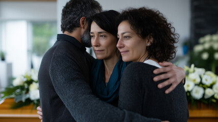 A deeply emotional funeral scene showing a small family standing closely together in front of an open coffin during a memorial service. A man and two women embrace each other from