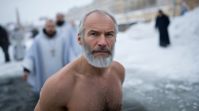 A powerful winter baptism ceremony taking place outdoors in extreme cold conditions. A middle-aged man is immersed chest-deep in an ice hole cut into a frozen river or lake, partic - Powered by Adobe