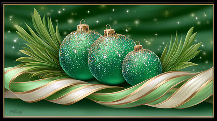 Green balls and ribbon, background with balls.