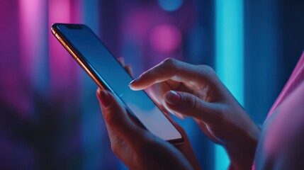 Woman interacts with mobile phone app while using social media in a room lit with blue and purple tones, highlights engagement and online presence