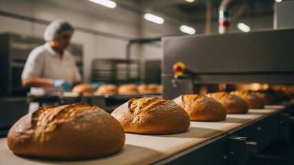 Freshly baked artisanal loaves of bread moving along a conveyor belt in a commercial bakery production line