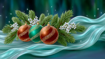 Decorative balls and fir branches on the green transparent fabric.