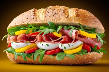 Italian sandwich with prosciutto, mozzarella, arugula, peppers