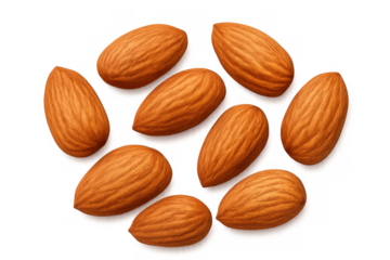 Almonds falling and scattered on a transparent background, healthy organic snack food ingredient concept