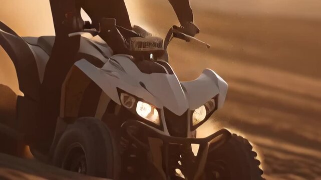 Powerful quad bike racing through sand cloud in extreme conditions