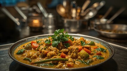 Colorful curry dish with vegetables and garnishes, served in a bowl.