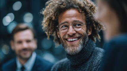 Business colleagues converse and share ideas during a conference in a modern office setting with natural light and a relaxed atmosphere