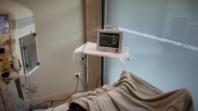 Closeup Of Vital Signs Display, Clinical Bedside Monitor Showing Vital Signs And Connection Setup