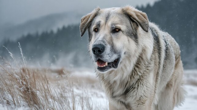 Large sheepdog standing during a winter snowfall