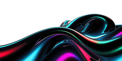 White bright abstract background. Iridescent neon fluid chrome wave. Glossy metallic curves with cyan and magenta highlights. Futuristic 3D render. Smooth flowing surface. Reflective liquid shapes