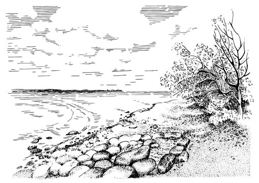 Scattered rocks on a lake shore. Line art landscape illustration converted to vector.