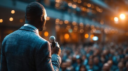 Businessman speaking at global economic strategies event during international conference, sharing leadership insights and professional knowledge with audience