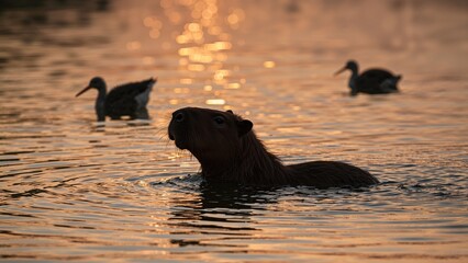 Fototapeta premium A beaver swimming in water during sunset with two ducks in the background. Nature and wildlife, aquatic animals, animals in their habitat. The scene highlights aquatic wildlife at dusk.