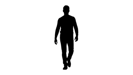 Silhouette of a man walking, creating a striking contrast and sense of mystery. His figure is silhouetted against a plain backdrop, highlighting his form and movement