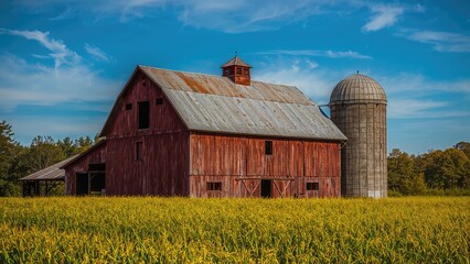 Rustic barn and silo in a field under blue sky with clouds. Farm and countryside, rural landscape, agriculture, nature, serenity. The concept of rural living and farming.