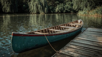 A boat tied to a dock on a calm lake with lush trees in the background.