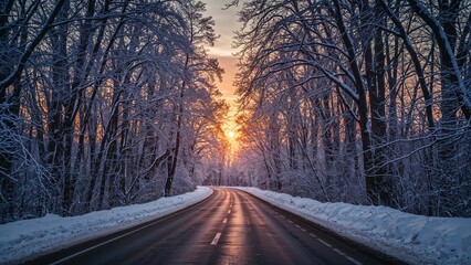 Snow-covered trees lining a road at sunset in winter season