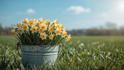 A bucket of daffodils in the field with a clear sky and distant trees. Springtime and nature, concept. Flower gardening and outdoor environment. The theme of growth and renewal.