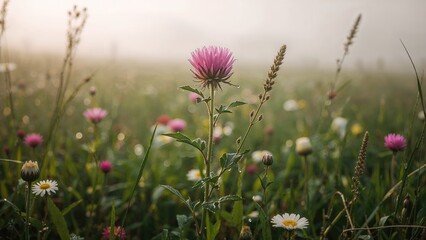 Obraz premium Wildflowers blooming in a field during daytime. Natural landscape with various plants, grasses, and colorful flowers.