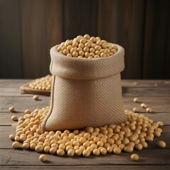 A burlap sack filled with soybeans on a wooden surface