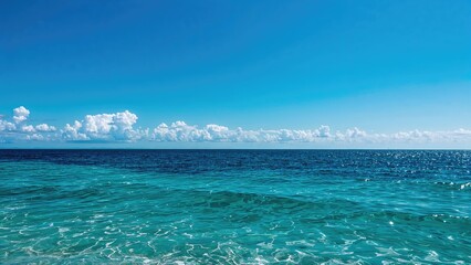 A clear blue sky over the ocean with calm waves and a few clouds on the horizon.