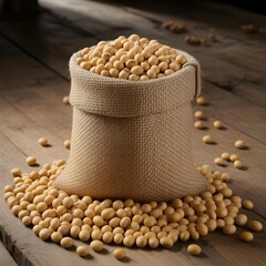 A burlap sack filled with soybeans on a wooden surface