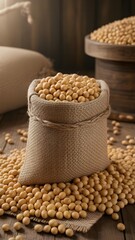 A burlap sack filled with soybeans on a wooden surface
