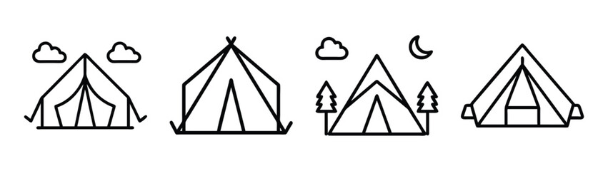 A set of four minimalist line art icons representing different camping tents for outdoor activities and travel Vector © IsratJahan