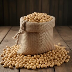 A burlap sack filled with soybeans on a wooden surface