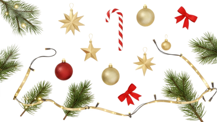 Christmas ornaments and decorations on a festive holiday garland isolated on transparent background