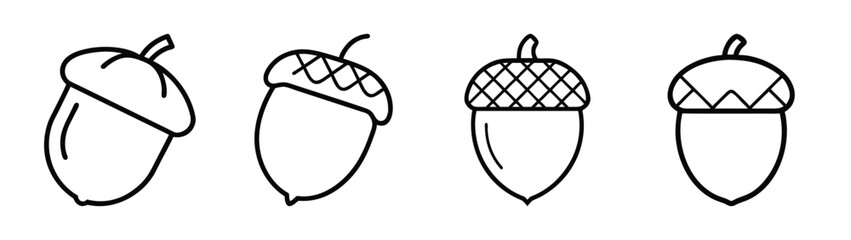 Different types of acorn icons in simple black and white line art style for autumn designs Vector
