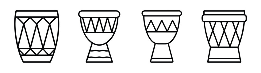 Set of four stylized djembe drum musical instrument icons in black and white line art Vector © IsratJahan