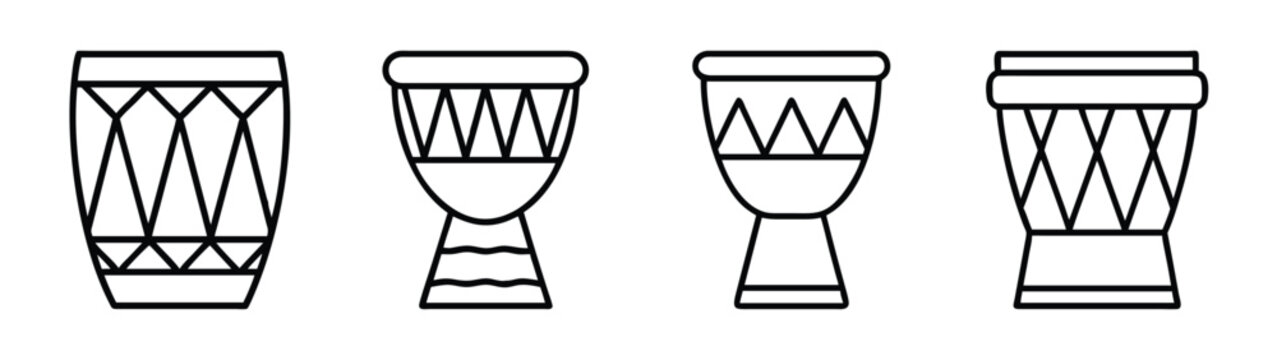 Set of four stylized djembe drum musical instrument icons in black and white line art Vector