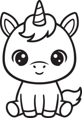 Sitting unicorn designed in a cute calm minimal fantasy character style with clean line art one line art